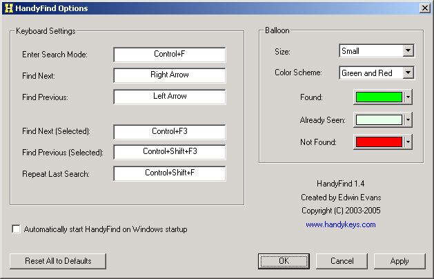 HandyFind Options dialog